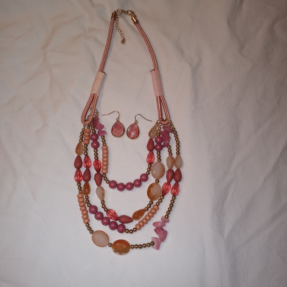 Pink Necklace 4 String Glass Beads Chunky‎ Nylon Cord Goldtone With Earrings
